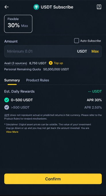 The image shows a Binance Earn subscription screen for a USDT "Flexible" product offering a 30% Max bonus APR, with tiered estimated daily returns (APR 30% for 0-500 USDT and APR 2.5% for amounts above 500 USDT). It illustrates the new user USDT bonus promotion mentioned in the post, where subscribers receive a 30% Bonus APR on top of the regular rate.