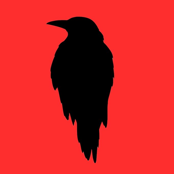A simple graphic displays the black silhouette of a perched bird against a solid red background.