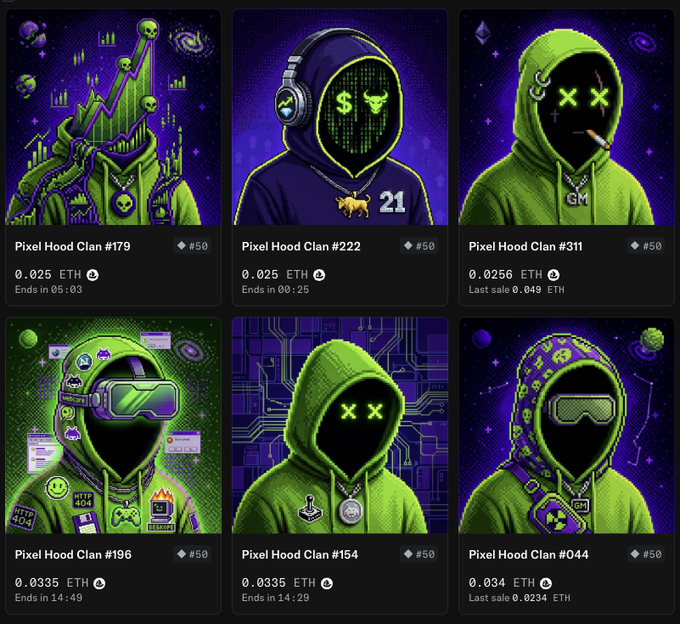A grid of six 'Pixel Hood Clan' NFT listings with prices ranging from 0.025 to 0.034 ETH, including Pixel Hood Clan #179, #222, #311, #196, #154, and #044.