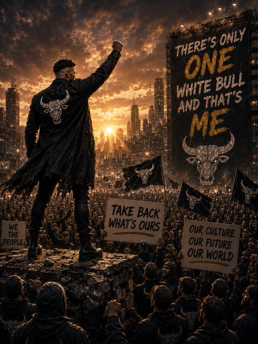 A figure stands triumphantly atop a platform before a massive crowd, with a towering building displaying the slogan "THERE'S ONLY ONE WHITE BULL AND THAT'S ME" alongside a bull logo, while protesters hold signs reading "TAKE BACK WHAT'S OURS," "OUR CULTURE OUR FUTURE OUR WORLD," and "WE THE PEOPLE." The imagery mirrors the post's defiant message about not underestimating a determined community united in their pursuit of victory.