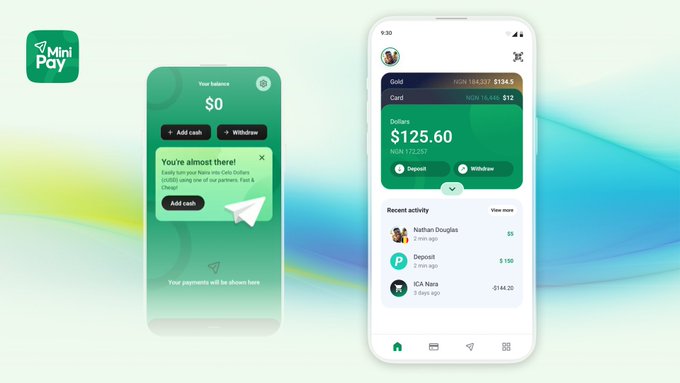 A promotional graphic for an app called 'Mini Pay' displays two smartphone mockups showing digital wallet interfaces with transaction amounts, balances, and a 'You've almost there!' notification.