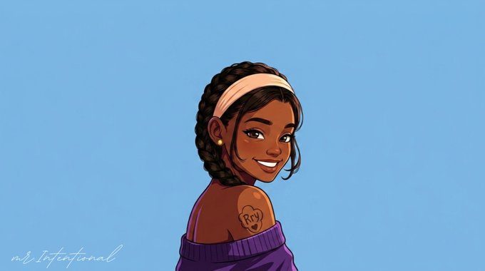 A digital illustration shows a smiling young woman with dark braided hair, a cream headband, and a heart "RJ" tattoo on her shoulder, wearing a purple off-shoulder top against a blue background, with the watermark "rj_intentional" in the corner. The cheerful, upbeat vibe of the artwork mirrors the post's optimistic tone about crypto prices surging across $HYPE, $SOL, $BTC, and $ETH.