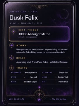 A digital character profile card for 'Dusk Felix' (#1385 Midnight Milton), a GEN 2022 NFT character with traits including Headphones (wearable), Shadow Cape (back), Amber Trail (aura), and Palm Drive (sc).