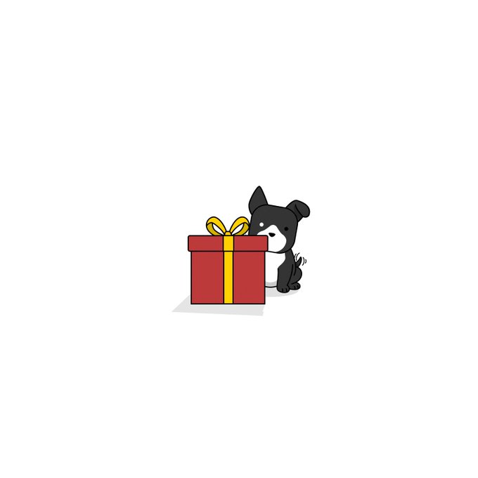 A cartoon black-and-white dog peeks from behind a red gift box with a yellow ribbon.