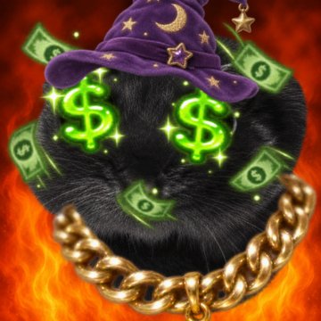 A black cat wearing a purple wizard hat with crescent moons and stars, featuring glowing green dollar signs for eyes, surrounded by floating dollar bills and a thick gold chain against a fiery red background.