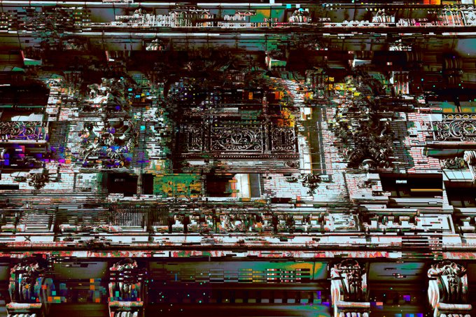 A heavily glitch-distorted image of an ornate classical building facade, possibly a cathedral or palace, with horizontal digital artifacts and color banding obscuring the architectural details.