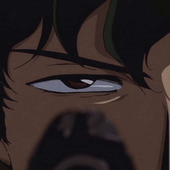 A close-up anime illustration of a character's eye, with someone holding a phone visible in the foreground reflection.