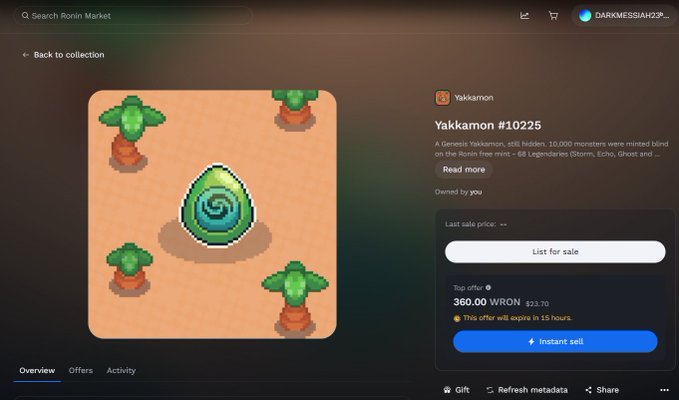 A Ronin Market NFT listing for 'Yakkamon #10225', a Genesis Yakkamon mint, with a top offer of 360.00 WRON ($23.70) and an 'This offer will expire in 1.5 hours' notice.