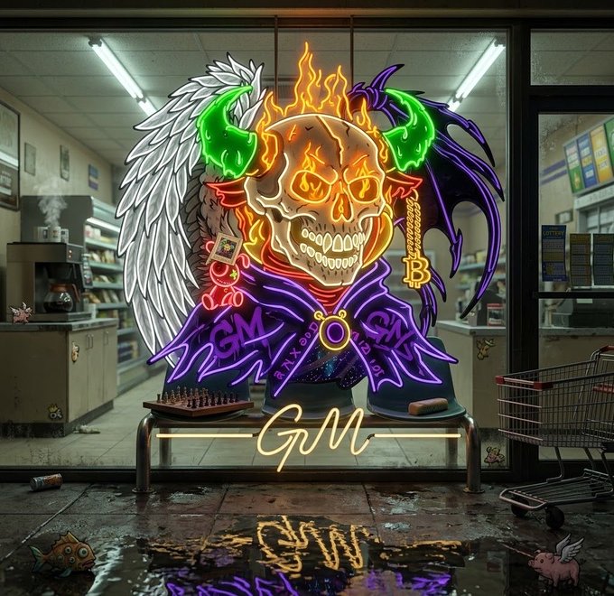 A neon-lit skull with devil horns, angel wings, and a Bitcoin logo sits on a bench in a gritty, abandoned convenience store setting, with 'GM' displayed on the bench.
