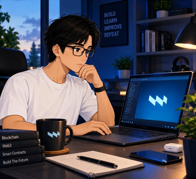 An anime-style illustration of a young man with glasses working on a laptop in a room, with a poster saying 'BUILD LEARN IMPROVE REPEAT' and books labeled 'Blockchain, Web3, Smart Contracts'.