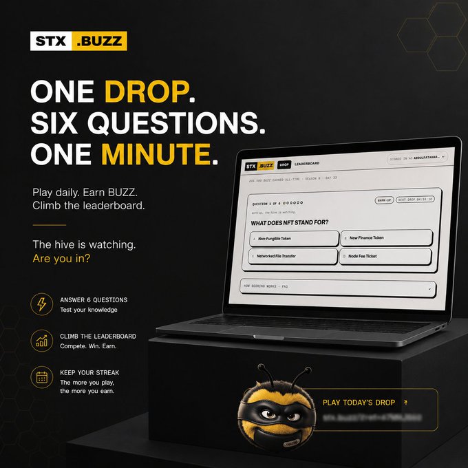 A promotional graphic for 'STX.BUZZ' featuring the tagline 'ONE DROP. SIX QUESTIONS. ONE MINUTE.' showing a laptop displaying a quiz interface about NFTs, alongside a bee mascot and feature descriptions.