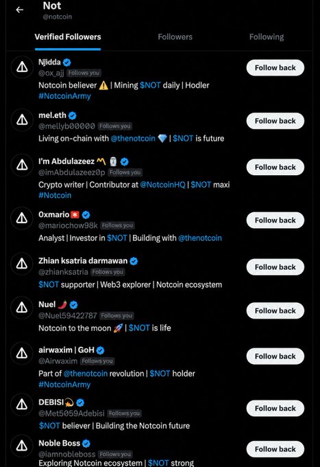 The main focus of the image is an alert box that states "Not Verified Followers", followed by a list of names. There are several people's usernames and their email addresses displayed within this alert. The background of the image is white, which makes it easy to read the content above the alert.