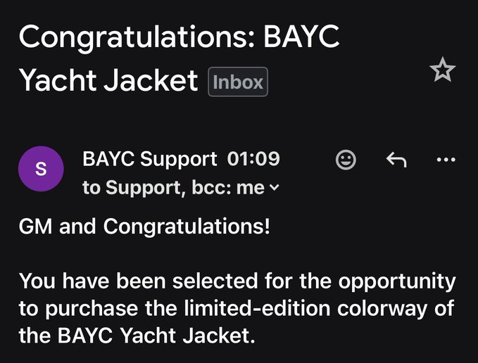 An email screenshot from BAYC Support titled "Congratulations: BAYC Yacht Jacket" announcing that the recipient has been selected to purchase a limited-edition colorway of the jacket.