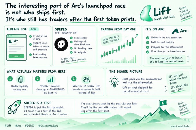 An infographic titled 'The interesting part of Arc's launchpad race is not who ships first. It's who still has traders after the first token prints,' promoting the 'Lift' launchpad with sections on $DEPEG, trading from day one, and Arc's ecosystem.