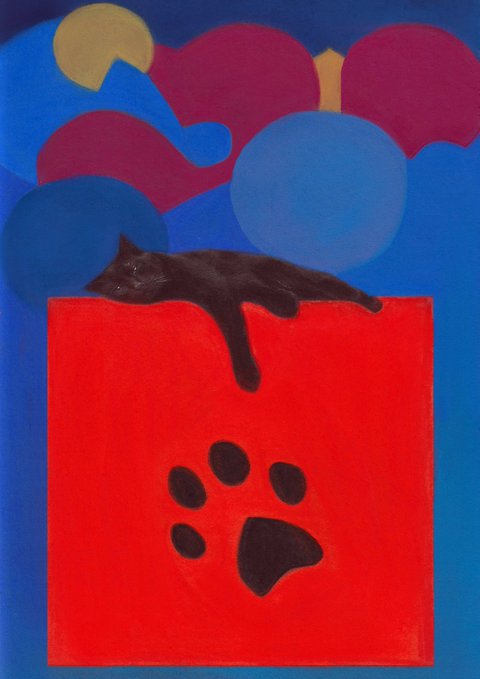 Painting of a black cat lying on a red block with a black paw print, set against a colorful abstract background of blue and red shapes.