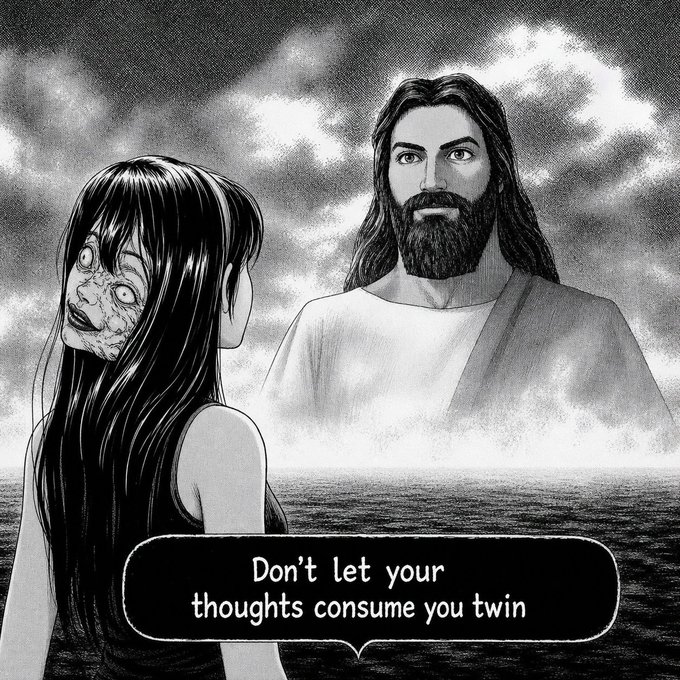 A black-and-white illustration shows a distressed-looking woman facing a bearded figure resembling Jesus against a cloudy sky, with a speech bubble reading 'Don't let your thoughts consume you twin'.