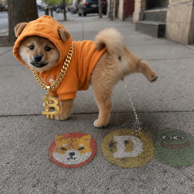 The image features a small brown dog wearing an orange hoodie, standing on a sidewalk with a chain around its neck. The dog has a chain that says "DOG" on it. In front of the dog, there are three circles painted on the ground - one with a cartoon character and two others with different designs. The caption reads: " ᴳᴹ peeps! ᴳᴹ $PIZZA @pizzaninjas !" which is related to the post about Bitcoin.