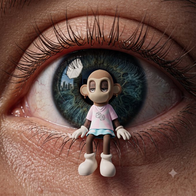 A surreal digital artwork showing a small stylized doll-like character in a pink shirt sitting on the eyelid of a large, detailed human eye.