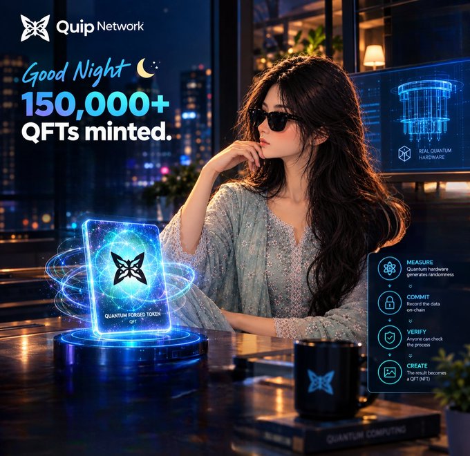 A promotional advertisement for Quip Network celebrating '150,000+ QFTs minted' with a 'Good Night' message, featuring an anime-style woman in sunglasses alongside a glowing Quantum Forged Token (QFT) and process steps: MEASURE, COMMIT, VERIFY, CREATE.