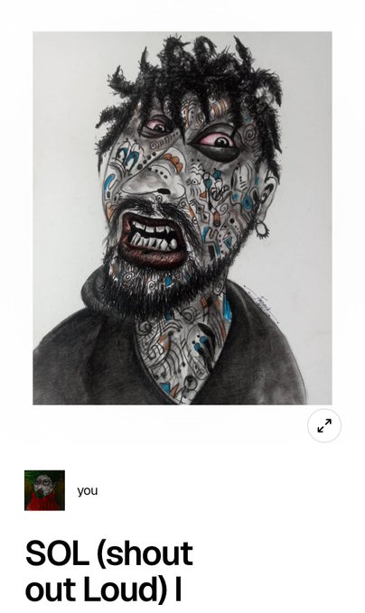 A detailed black-and-white drawing of a man with dreadlocks whose face and neck are covered in intricate tribal-style tattoos, captioned below with 'SOL (shout out Loud) l' and a small profile picture labeled 'you'.