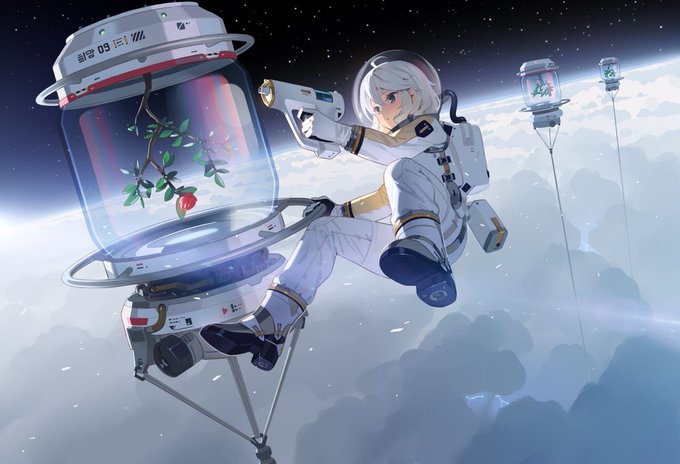 An anime-style illustration depicts a silver-haired character in a white spacesuit floating in space near Earth, tending to a rose plant growing inside a glass terrarium capsule.