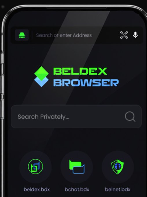 A promotional screenshot of the 'BELDEX BROWSER' mobile app featuring a dark theme, a 'Search Privately...' bar, and three options for beldex.bdx, bchat.bdx, and belnet.bdx.