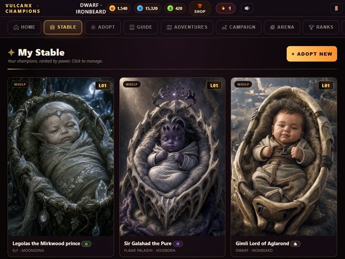 A 'Vulcan Champions' game interface showing 'My Stable' with three fantasy character cards: 'Legolas the Mirkwood prince' (Elf-Moonsong), 'Sir Galahad the Pure' (Flame Paladin-Voidborn), and 'Gimli Lord of Aglarond' (Dwarf-Ironbeard).