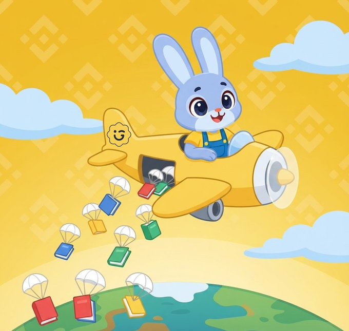 A cartoon illustration of a blue bunny character wearing overalls, piloting a yellow airplane and dropping colorful books with parachutes over a small green planet.
