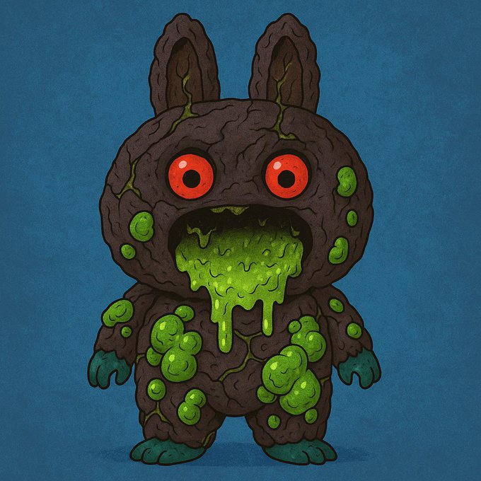 An illustration of a cute but creepy dark creature with rabbit-like ears, red glowing eyes, and green slime oozing from its mouth and pustules covering its body, set against a blue background.