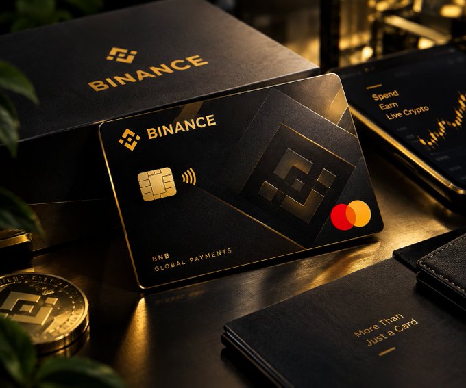 A promotional product shot of a black and gold Binance crypto debit card with BNB Global Payments branding, displayed alongside a BNB coin and a phone showing crypto trading charts.