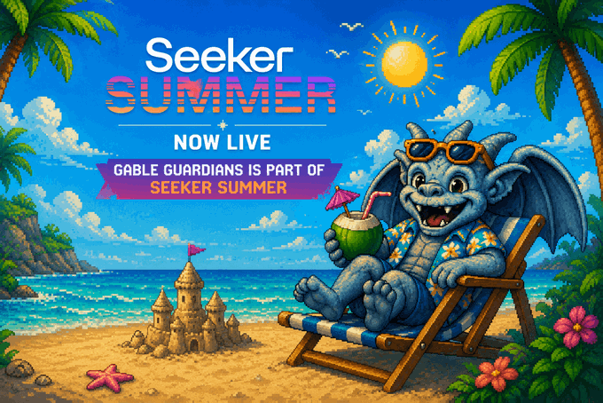 A promotional graphic for 'Seeker Summer' featuring a cartoon bat-like creature in sunglasses and a Hawaiian shirt lounging on a beach chair with a coconut drink. Text reads 'NOW LIVE' and 'GABLE GUARDIANS IS PART OF SEEKER SUMMER'.