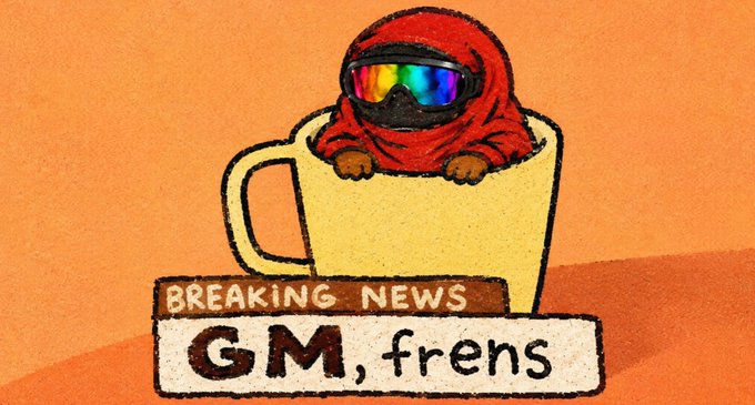An illustrated character in a red hooded outfit with rainbow goggles peeks out of a yellow mug with the banner "BREAKING NEWS GM, frens" on an orange background.