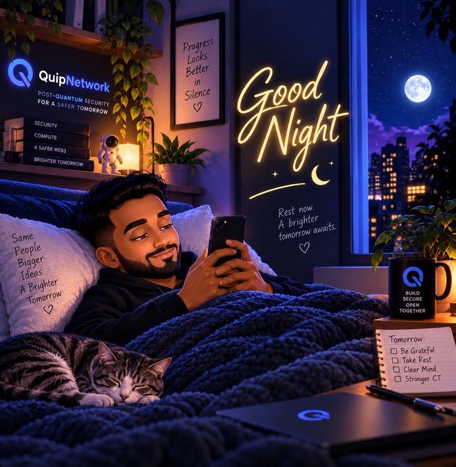 A digital illustration of a bearded man in bed looking at his phone at night, with a sleeping cat beside him, neon 'Good Night' text, and 'QuipNetwork - POST-QUANTUM SECURITY' branding visible.