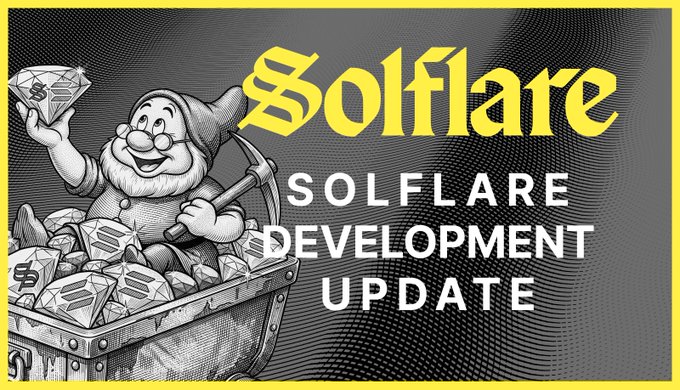 The image features a cartoon character holding a shovel and surrounded by piles of gold coins. The text "Solflare Development Updates" is written above the character, indicating that there are updates available for the Solflare mobile app. The image also includes a caption about how to use the update, suggesting that users should download the update onto their phones and then spend USDC (Uniswap token) on it to get the latest version of the app.