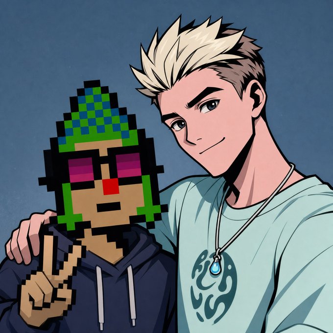 An anime-style illustration of a blonde young man with an arm around a figure with a pixelated, glitching face wearing a dark hoodie.