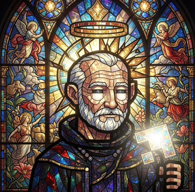 The image features a stained glass window with a man depicted wearing a robe, holding a cross, and surrounded by angels and other figures. The background of the window is filled with bright colors and patterns that create an overall sense of vibrancy and life. In the caption provided, it reads "Good Morning SolGods and LMNFT fam Be the light in the darkness". This phrase suggests that the stained glass window serves as a symbol for hope and guidance during challenging times or difficult moments. The image is likely to evoke feelings of comfort, inspiration, and reassurance when viewed against this backdrop.