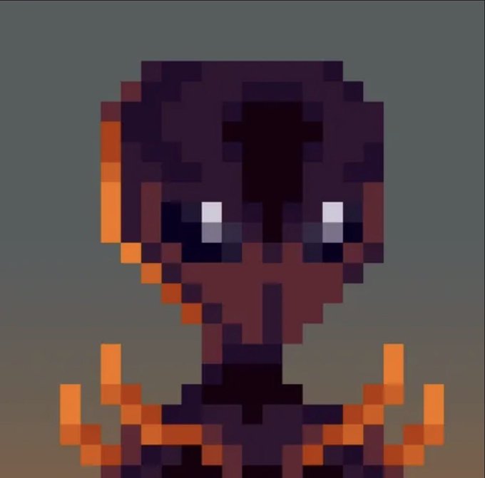 A pixel-art style image of a dark, shadowy figure with glowing white eyes and horn-like protrusions, set against a muted gradient background.