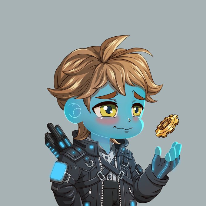 Chibi-style anime character with light brown hair and blue skin, wearing a futuristic black jacket, holding a gold coin or gear, set against a plain gray background.