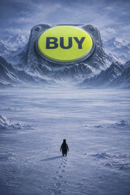 A solitary penguin looks up at a massive yellow "BUY" button floating above a snowy mountain landscape, symbolizing the poster's humor about Robinhood and the $BUY token. The image captures the irony of the buy button being elevated to godlike status, echoing the meme's jest about Vlad Tenev having to list the token.