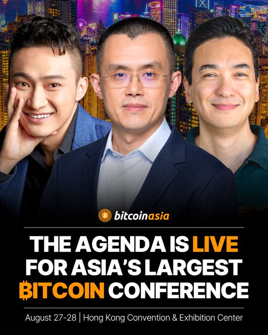 A promotional poster for 'Bitcoin Asia' conference at Hong Kong Convention & Exhibition Center on August 27-28, featuring three men and the text 'THE AGENDA IS LIVE FOR ASIA'S LARGEST BITCOIN CONFERENCE.'