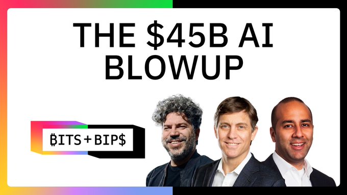 The promotional image for the "Bits + Bips" podcast episode titled "THE $45B AI BLOWUP" features three men pictured against a white background, with the show's logo displayed on the left, teasing a discussion about a $45 billion AI fund collapse and other financial news.