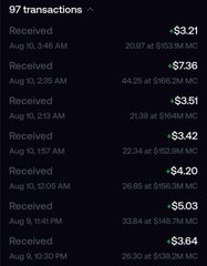 A list of cryptocurrency transactions marked as 'Received' with various USD amounts and MC (Market Cap) figures displayed.