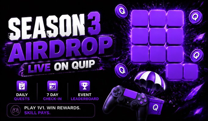 A promotional banner for 'Season 3 Airdrop Live on Quip,' displaying a 3x3 grid of purple squares, a PlayStation controller with a parachute, and gaming rewards.