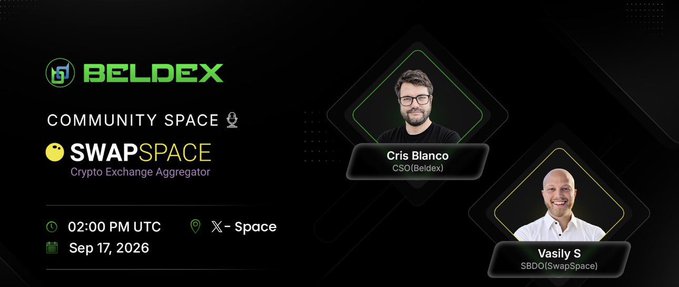 A promotional graphic for a 'BELDEX COMMUNITY SPACE' features 'SWAPSPACE - Crypto Exchange Aggregator' with speakers Cris Blanco and Vasily S, scheduled for 02:00 PM UTC on Sep 17, 2026.