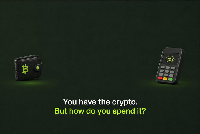 A marketing image with a crypto wallet and payment terminal on a dark green background, with text reading 'You have the crypto. But how do you spend it?'
