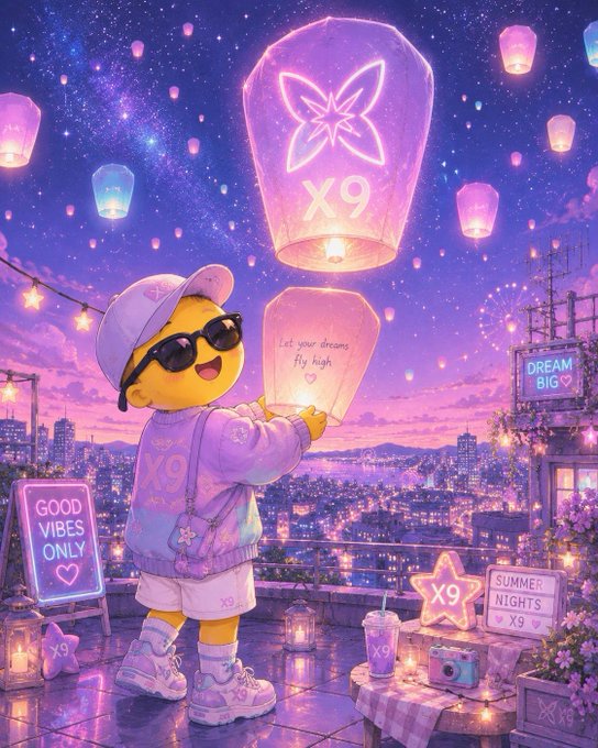 The image features a cartoon character, likely a teddy bear or a small dog, holding up a lantern with a message written on it that says "let your dreams fly." The scene takes place at night, with numerous colorful party lights floating around the character's head and body. In addition to the main character, there are other characters in the image as well, including a cupcake, a cake, and a donut. These elements contribute to the festive atmosphere of the scene.