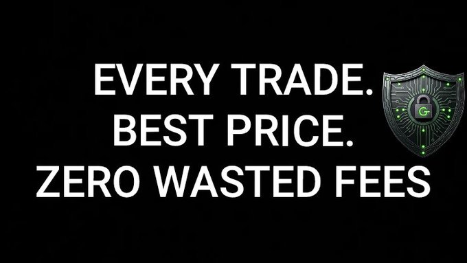 A promotional graphic with black background displaying white text 'EVERY TRADE. BEST PRICE. ZERO WASTED FEES' alongside a shield icon with a lock and 'G' logo.