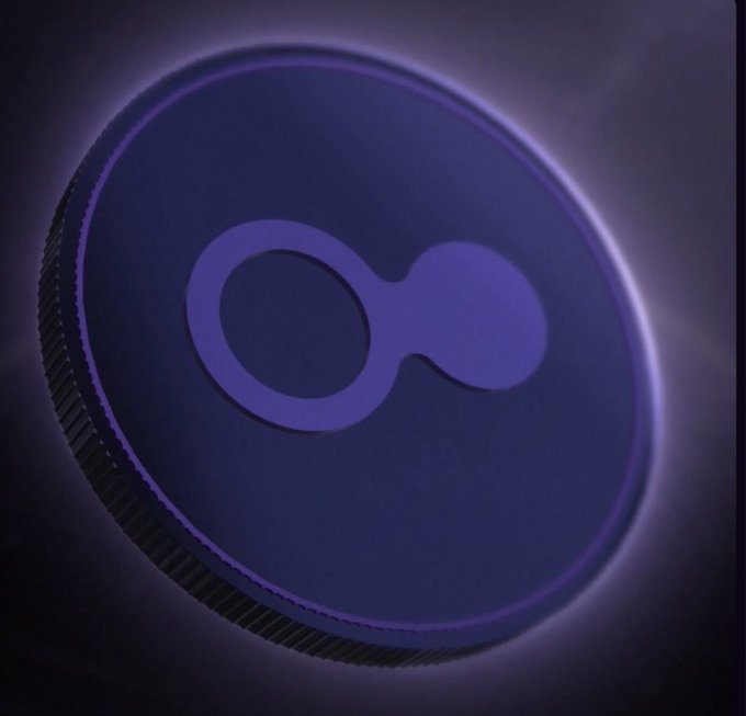A 3D rendered purple coin featuring an infinity-style symbol or keyhole logo, set against a dark background with glowing light effects.
