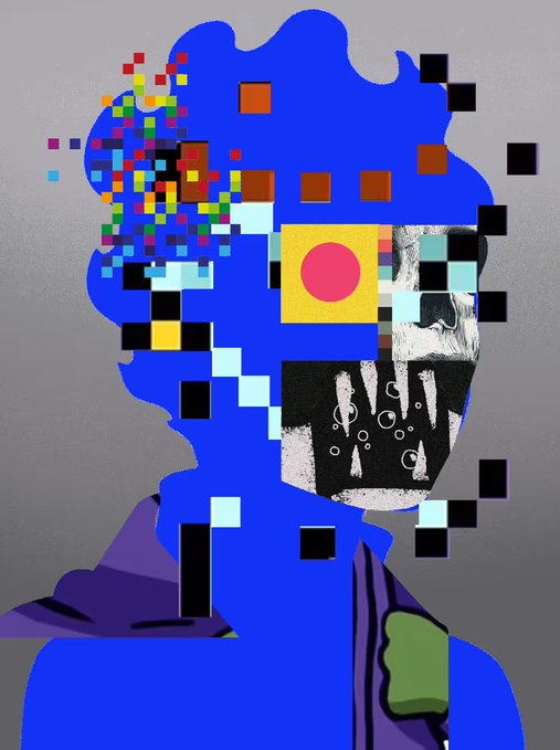 The image features a digital art piece of a person's face, rendered with a blue color scheme that includes squares and rectangles. The face appears to be made up of various elements such as a head, eyes, nose, mouth, and possibly some facial hair or accessories like a hat. The background is gray, providing a contrast to the vibrant colors used in the digital art piece. The image also contains text that reads "ALPHA PARASITE 1/1 S3CUR3D R3333". This suggests that the artist has created this unique and eye-catching piece of art using digital techniques.