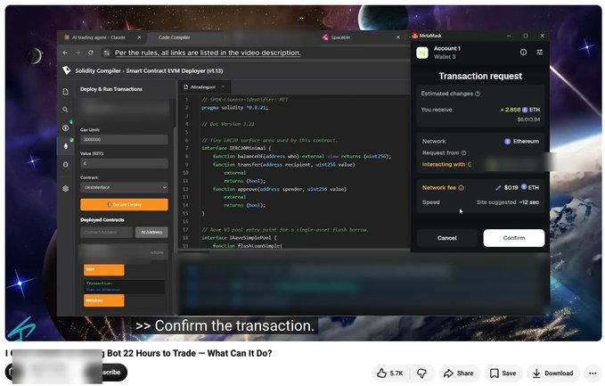 The image shows a screenshot of a YouTube video tutorial depicting a MetaMask transaction confirmation prompt for a transaction request of "+2.058 ETH" with a network fee of "0.019 ETH," displayed alongside a code compiler interface showing Solidity smart contract code for a flash loan arbitrage bot.

This aligns with the post's warning about hackers using fake YouTube tutorials that instruct victims to deploy malicious smart contracts themselves—such as the flash loan arbitrage bot code shown—which then drain their wallets when they unknowingly confirm the transaction in MetaMask.